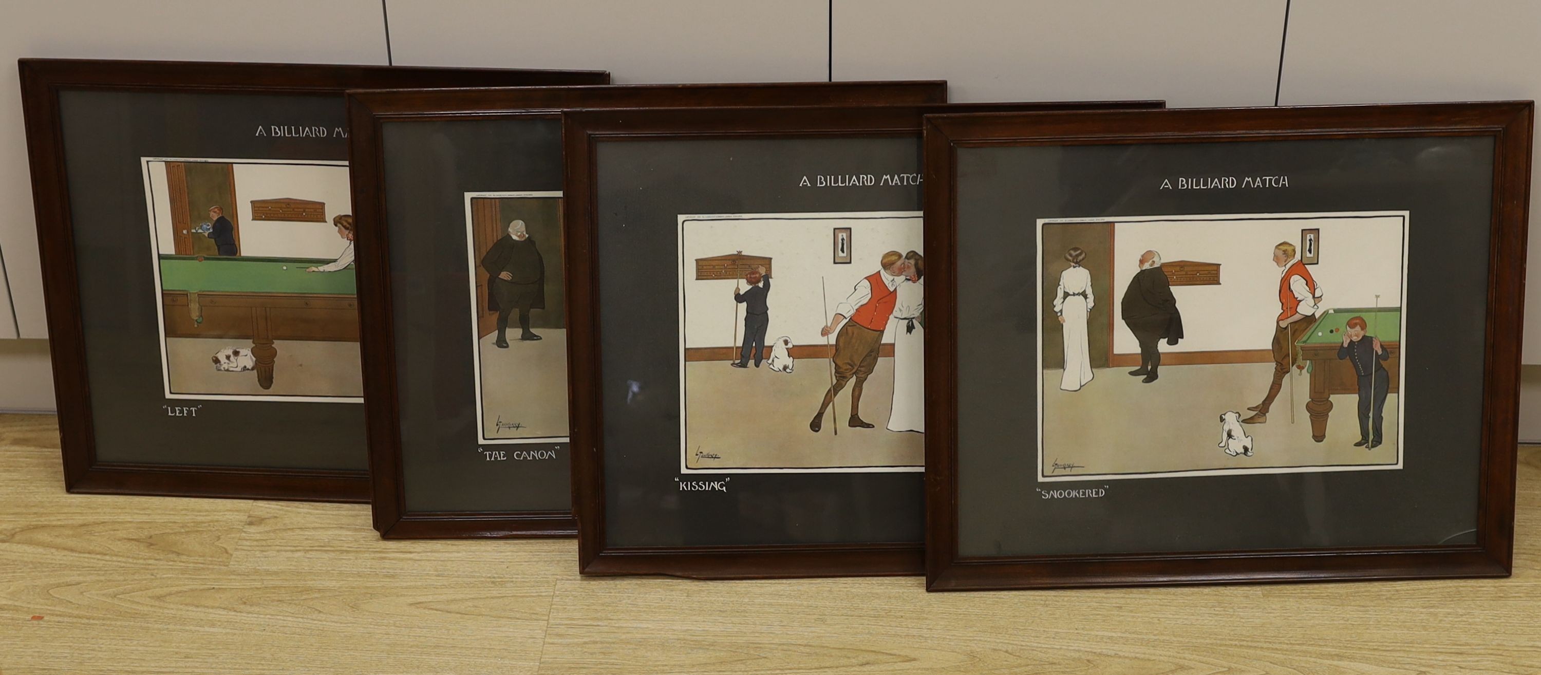 Lance Thackeray (1869-1916), a set of four chromolithographs, 'A billiard match', overall 47 x 60cm